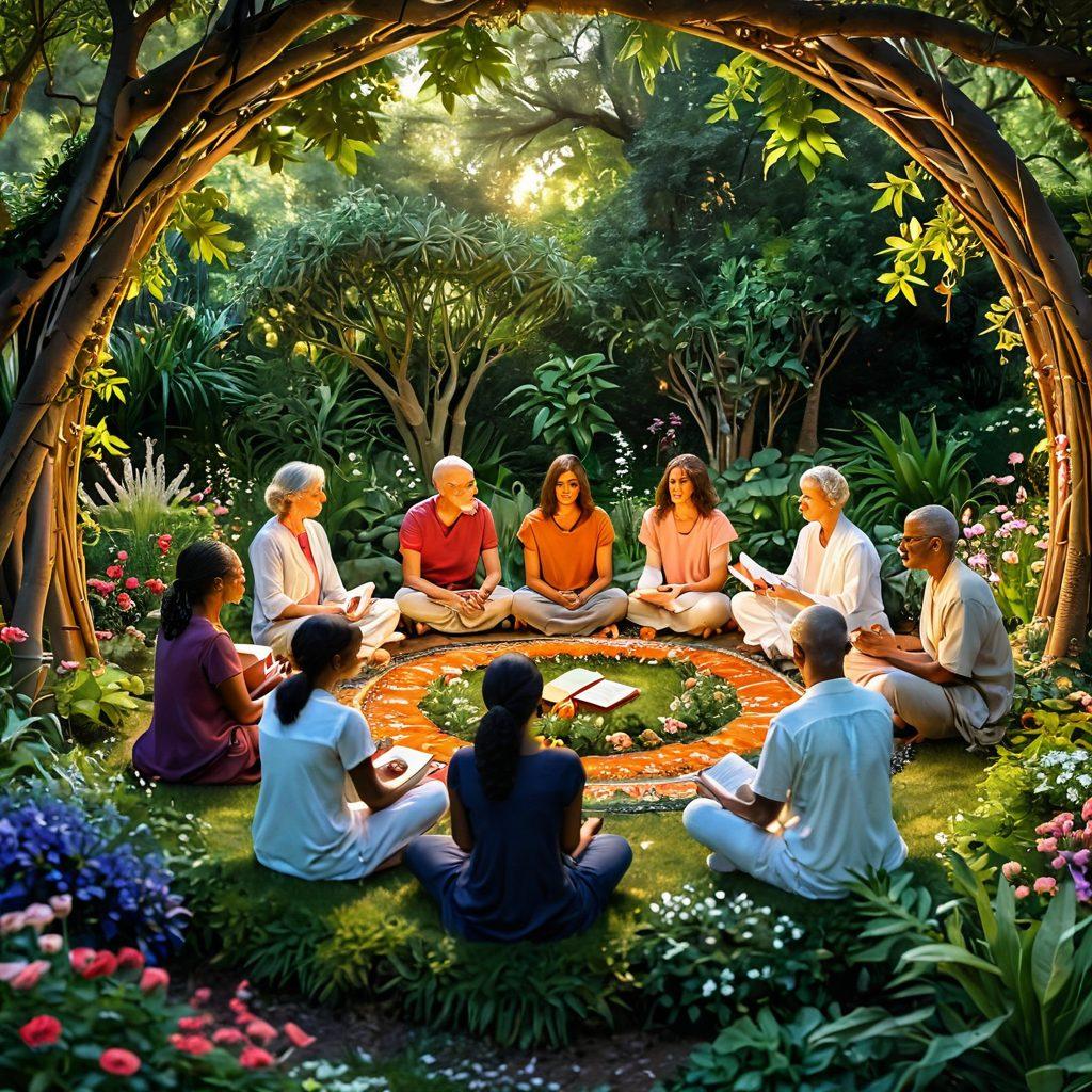 A serene scene depicting a diverse group of individuals sitting in a circle, sharing stories and support, with a backdrop of a lush garden symbolizing growth and healing. Include soft, warm lighting to evoke a sense of hope and empowerment. Elements like ribbons, flowers, and books reflecting cancer care and resources can be subtly incorporated. super-realistic. vibrant colors. warm tones.