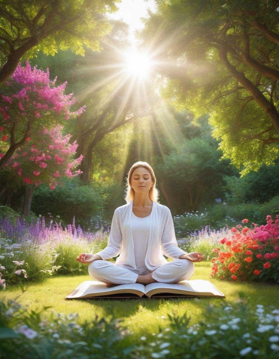 A tranquil scene depicting a person meditating in a serene garden, surrounded by lush greenery and colorful flowers, symbolizing holistic health. In the background, an open book with glowing pages reveals the secrets of oncology support. Soft sunlight filters through the trees, creating dappled shadows on the ground. The atmosphere is calming and enlightened, inviting viewers to explore health and healing. super-realistic. vibrant colors. natural setting.