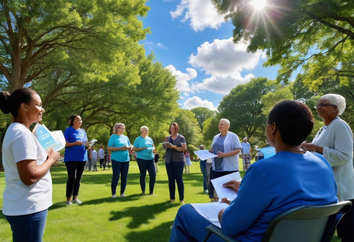 An inspiring scene depicting a diverse group of cancer patients and advocates gathered in a sunny park, sharing stories and resources. Include an array of informational pamphlets and supportive signs emphasizing empowerment and hope. In the background, a bright blue sky with billowing clouds enhances the uplifting atmosphere, while soft greenery adds a touch of tranquility. super-realistic. vibrant colors. warm and inviting.
